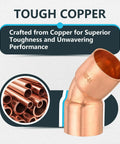 Copper Sweat 45 Degree Elbow Fittings One and a Half Inch C to C, 20-Pack shown with copper toughness details