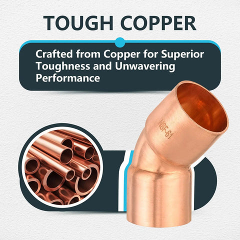Copper Sweat 45 Degree Elbow Fittings One and a Half Inch C to C, 20-Pack shown with copper toughness details