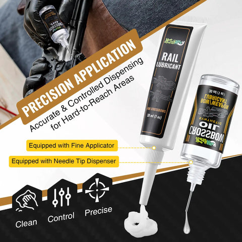 Crossbow Maintenance Kit With Rail Lube And Oil, Precision Applicator Included, shown with rail lubricant and needle tip dispenser.