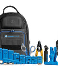 TK-107B Backpack Fiber Optic Mid Span Slit And Ring Tool Kit with strippers, Kevlar shears, and armored slitting tool displayed