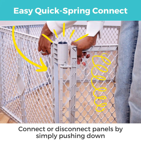 Demonstrating quick-spring connect feature on Two In One Superyard Duo Extra Wide Baby Gate And Play Yard Six Panel Portable Playpen