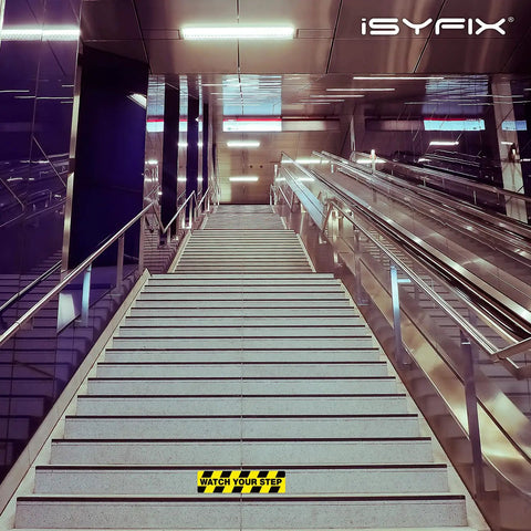 Watch Your Step Floor Decals 6 Pack 20x5 Inch Self Adhesive Vinyl Laminated No Slip Anti Slip Safety Stickers on indoor stairs
