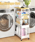 Slim Rolling Utility Cart Four Tier Metal Narrow Storage Cart With Wood Top And Handle in laundry room between appliances