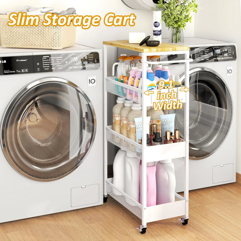 Slim Rolling Utility Cart Four Tier Metal Narrow Storage Cart With Wood Top And Handle in laundry room between appliances