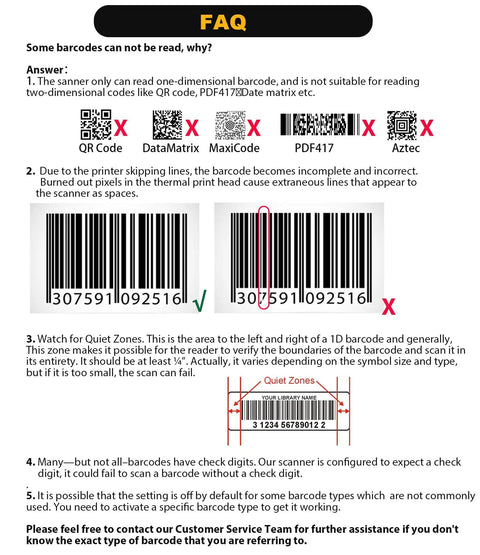 Infographic explaining why some barcodes cannot be read, including issues with printer lines, quiet zones, and check digits.