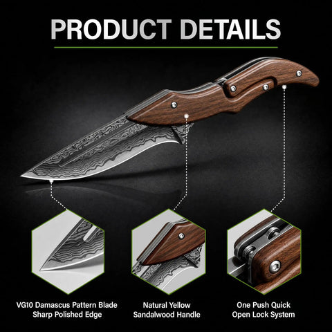 VG10 Damascus Steel Folding Knife With Multi Layer Damascus Blade Workhorse Everyday Carry EDC Pocket Tool For Daily Cutting Smooth V Ground Edge Safe And User Friendly Household Utility, sandalwood handle
