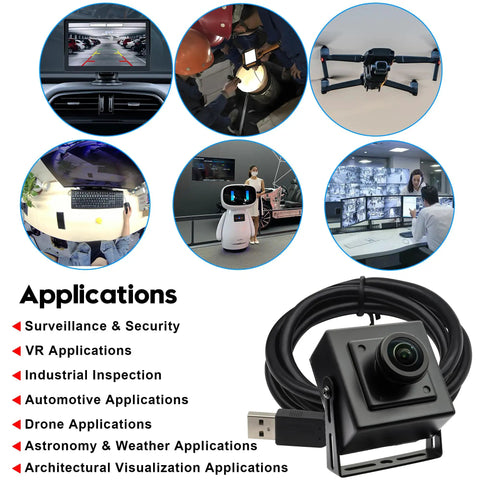 5MP Fisheye USB Camera With 200 Degree Ultra Wide Angle And Low Light Performance, IMX335 Sensor for various applications shown.