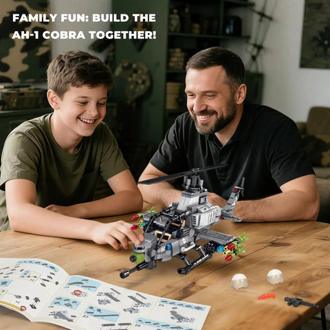 Father and son assembling Cobra Attack Helicopter Building Block Set For Military Buffs And Builders, 512 Plus Pieces