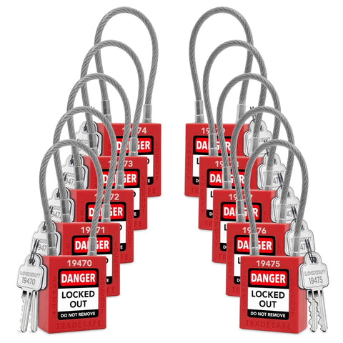Lockout Tagout Steel Cable Locks With Keys 10 Red Keyed Alike Electrical Lockout Padlock Set With 2 Keys Per Lock Premium Grade LOTO Locks OSHA Compliant