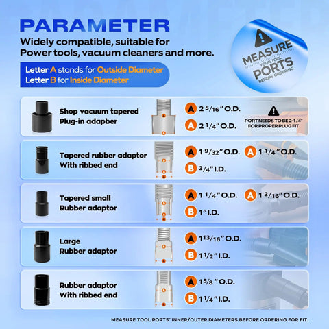 Image showing adapter specifications for 10 Ft Dust Collection Hose Kit For Power Tools And Shop Vacuums With 5 Fittings.