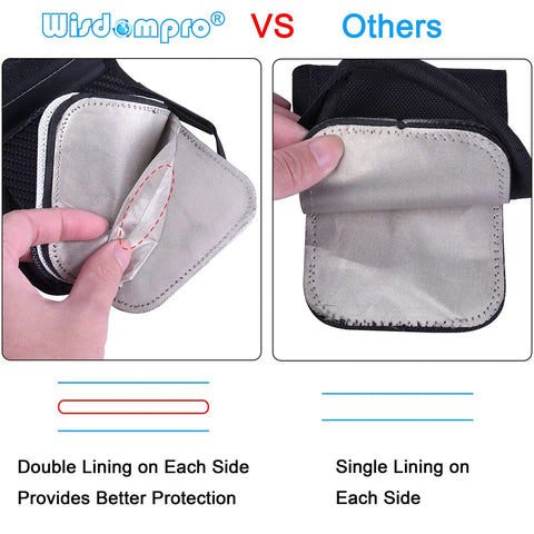 Comparison of Purple RFID Key Fob Protector And Faraday Bag with double silver lining against others with single lining.
