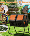 Two Chamber Outdoor Compost Bin With 170L Capacity, Dual Reversing Drum, No Fuss Easy Turn Rotating Composter in garden