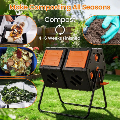 Two Chamber Outdoor Compost Bin With 170L Capacity, Dual Reversing Drum, No Fuss Easy Turn Rotating Composter in garden