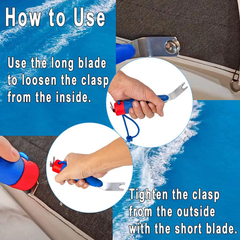 Top Snapper Tool for Boat Canvas Snaps and Cover Fastening in use, loosening and tightening snaps on boat cover with dual blades.