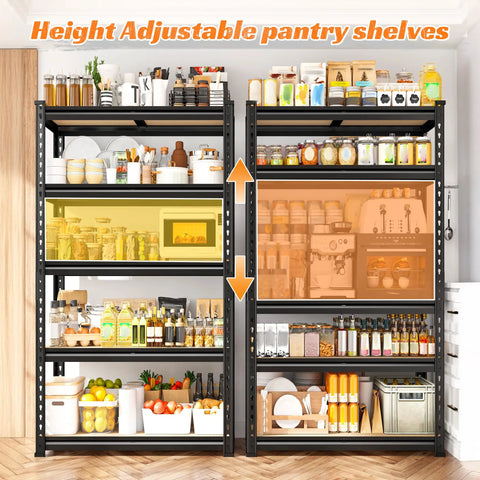 Set Of 3 Heavy Duty 5 Tier Garage Shelves With 2000 Lbs Load Capacity Per Unit, 60 Inch Tall Metal Storage Rack next to pantry items