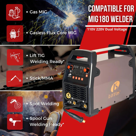 Hot Rodder's Dream 180 Amp Multi Process Welding Machine, showcasing MIG, TIG, stick features and dual voltage compatibility.