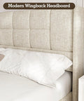 Heavy Duty King Size Upholstered Bed Frame Boasting Smooth Hydraulic Gas Lift Generous Hidden Underbed Storage And Plush Linen Cushioning For A Zero Mess Cozy Sleep Retreat with modern wingback headboard and pillows.