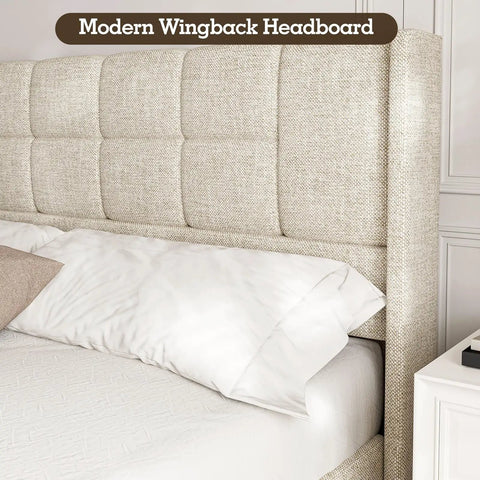 Heavy Duty King Size Upholstered Bed Frame Boasting Smooth Hydraulic Gas Lift Generous Hidden Underbed Storage And Plush Linen Cushioning For A Zero Mess Cozy Sleep Retreat with modern wingback headboard and pillows.