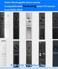 Replacement Smart TV Remote With Solar And USB C Fast Charge Universal Compatibility Voice Control And Bluetooth Rechargeable Solar Cell Battery Includes Free USB C Cable Longer Battery Life No Battery Hassles 2 Year Warranty, displayed in various models and colors for Samsung TVs from 2018 to 2025.