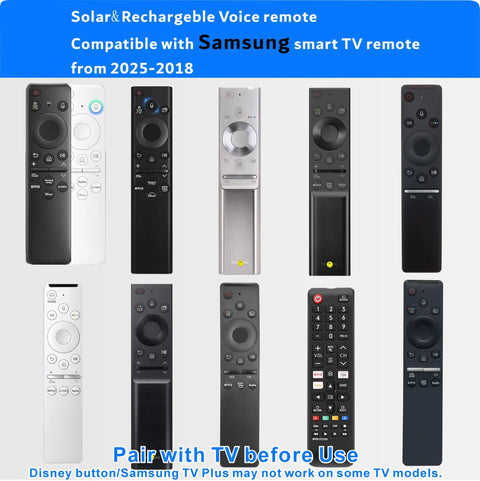 Replacement Smart TV Remote With Solar And USB C Fast Charge Universal Compatibility Voice Control And Bluetooth Rechargeable Solar Cell Battery Includes Free USB C Cable Longer Battery Life No Battery Hassles 2 Year Warranty, displayed in various models and colors for Samsung TVs from 2018 to 2025.