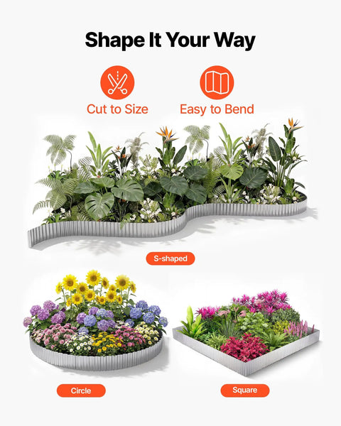 Heavy Duty Galvanized Steel Landscape Edging 50 Ft By 6 In Flexible Metal Border For Lawn And Flower Beds Includes Gloves For Easy Install Bendable Garden Edge For Pathways And Borders Weather Resistant showing s-shaped, circular, and square garden designs.