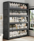 Front view of Beefy 1600 Qt Extra Large Stackable Storage Bins With Lid 400 Gal Plastic Closet Organizers, 5 tiers, black.