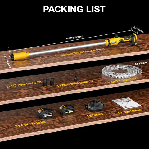 Packing list for Heavy Duty Cordless Stick Transfer Pump Battery Powered, including connectors, hoses, batteries, and charger.