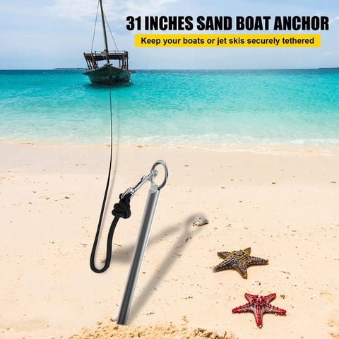 31 Inch Boat Sand Anchor Crafted From 316 Stainless Steel in shallow water, holding boats steady on sandy beach with starfish nearby.