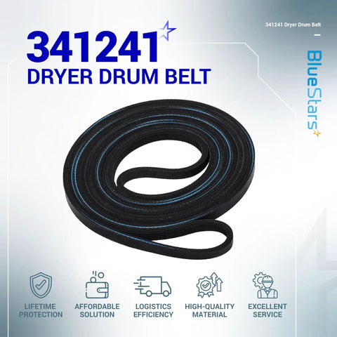Dryer Drum Belt Replacement 341241 for Whirlpool Kenmore Amana, black with 4 ribs, displayed coiled with icons on side.