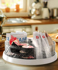 12 Inch Lazy Susan Turntable with removable bins on kitchen counter, holding spices and condiments