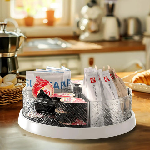12 Inch Lazy Susan Turntable with removable bins on kitchen counter, holding spices and condiments