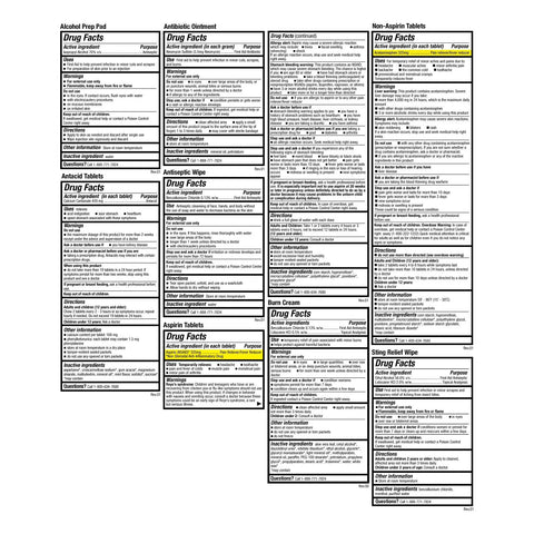 Front view of Be Smart Get Prepared 326-piece first aid kit contents; grid of Drug Facts panels.