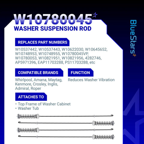 Upgraded Washer Suspension Rod Replacement Kit W10780045 compatibility and specifications sheet