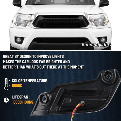 Front view of 2012-2015 Toyota Tacoma showing Full LED DRL Lens Front Headlight Side Marker Bumper Light Kit with running lights text