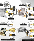 Diagram showing Pressure Washer Water Inlet Fitting Three Quarter Inch Female To Three Eighth Inch Male Quick Swap Replacement For Simpson Cleaning 7110166 Gold 2 Pack Pro Grade Easy Install Durable Build with installation steps.