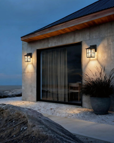 Black Outdoor Wall Lights Set Waterproof Patio Sconces Crafted From Rust Resistant Die Cast Metal And Tempered Wave Glass ideal for illuminating entryways.