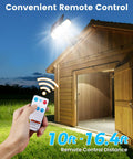 Super Bright Clip On Solar Outdoor Flood Light With Smart Motion Sensor And USB C Recharging Heavy Duty Clamp No Drilling Needed Straight Up Quick Install For Fences Decks Walls Garden Paths And Patios, remote control shown.
