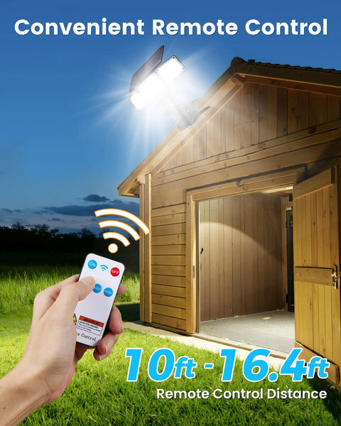 Super Bright Clip On Solar Outdoor Flood Light With Smart Motion Sensor And USB C Recharging Heavy Duty Clamp No Drilling Needed Straight Up Quick Install For Fences Decks Walls Garden Paths And Patios, remote control shown.