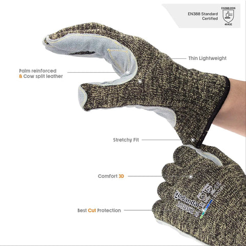 Level 5 Cut Resistant Work Gloves For Gardening And Tough Jobs, Aramid And HPPE Safety Gloves With Cow Split Leather, Size Large, 1 Pair