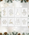 Top Shelf Acrylic Router Template Kit For Woodworkers Boasting Eight Killer Holiday Designs featuring eight acrylic shapes including Santa, snowman, and reindeer.