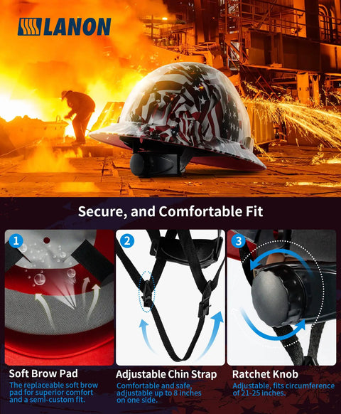 Full Brim Hard Hat With Premium American Flag Design OSHA Approved Type I Top Impact Class C FRP Safety Helmet in industrial setting