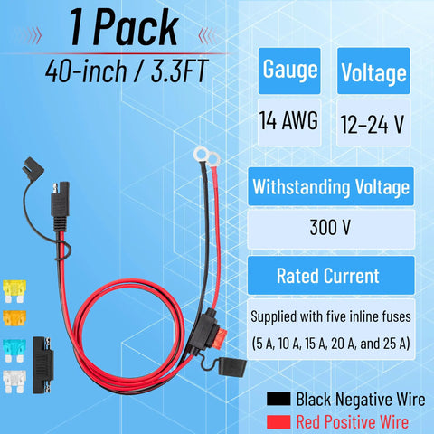 Road Ready Sae Battery Connector With 33 Ft 14 Awg Harness And O Ring Terminals, features red positive and black negative wires.