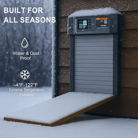 Solar Powered Roll Up Chicken Coop Door With Light Sensor Timer Manual Mode 2500mAh Battery USB C Backup Aluminum Frame Anti Pinch