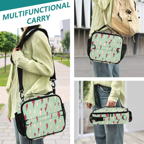 Insulated Lunch Bag With Shoulder Straps, Portable Cooler Bag For Office, School, And Travel, Lightning Bolt Design, Durable Polyester Construction, Spacious Main Compartment, Side Mesh Pockets For Drinks, Great For Meals. Model wearing mint lightning-print bag crossbody