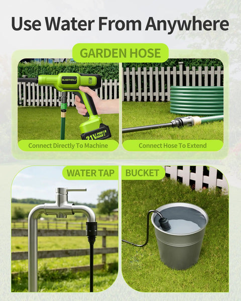 Image showing Cordless Handheld Pressure Washer 1100 PSI Battery Powered With Copper Motor using garden hose, water tap, and bucket.