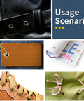 Various uses of Two In One Leather Hole Punch And Eyelet Tool Kit With 4.5mm Eyelets for fabric, shoes, leather, belts, and crafts.