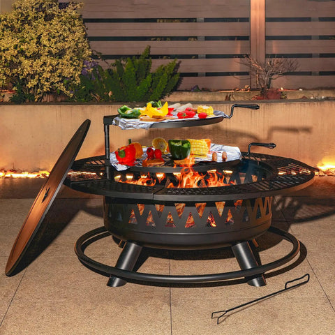 42 Inch Outdoor Fire Pit Table With Dual Grills And Lid For Bonfires, Camping, Picnics, Backyard Parties And Patio Heating