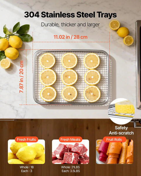 Image showing stainless steel tray filled with lemon slices on the Six Tray Stainless Steel Food Dehydrator With 400W Power, Adjustable Temperature, And 24 Hour Timer, Your Kitchen Workhorse For Jerky, Meat, Fruit, Vegetables, Herbs, And Dog Treats.