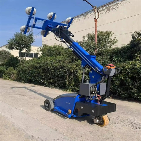 Heavy Duty Electric Glass Vacuum Lifter With Wireless Remote And Suction Cup Hoist For Pro Installers That Pulls Serious Weight and Moves Glass Panels Like A Badass Machine, blue mobile hoist with suction cups.