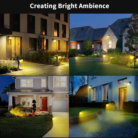 Outdoor Solar Spotlights 650 Lumen IP67 Waterproof Warm White 3000K illuminating yards, paths, and driveways at night